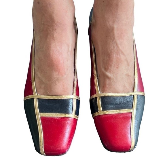 70s Frank Morr VTG Leather Pump Spain Sz 9.5 Colorblock Blue Red Gold Square Toe - Picture 2 of 9